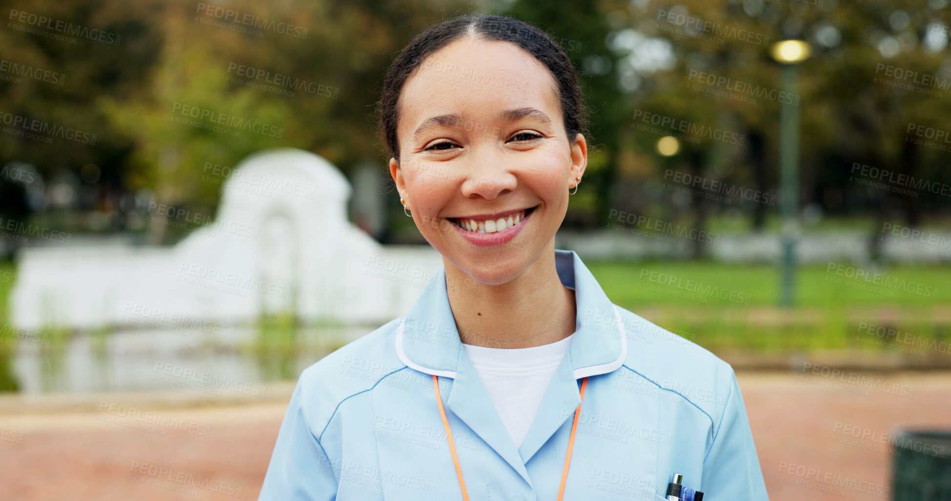 Buy stock photo Professional nurse woman, park and face with smile, young and excited for healthcare career in Toronto. Medic girl, outdoor and nature for walk, wellness and happy in summer sunshine in portrait