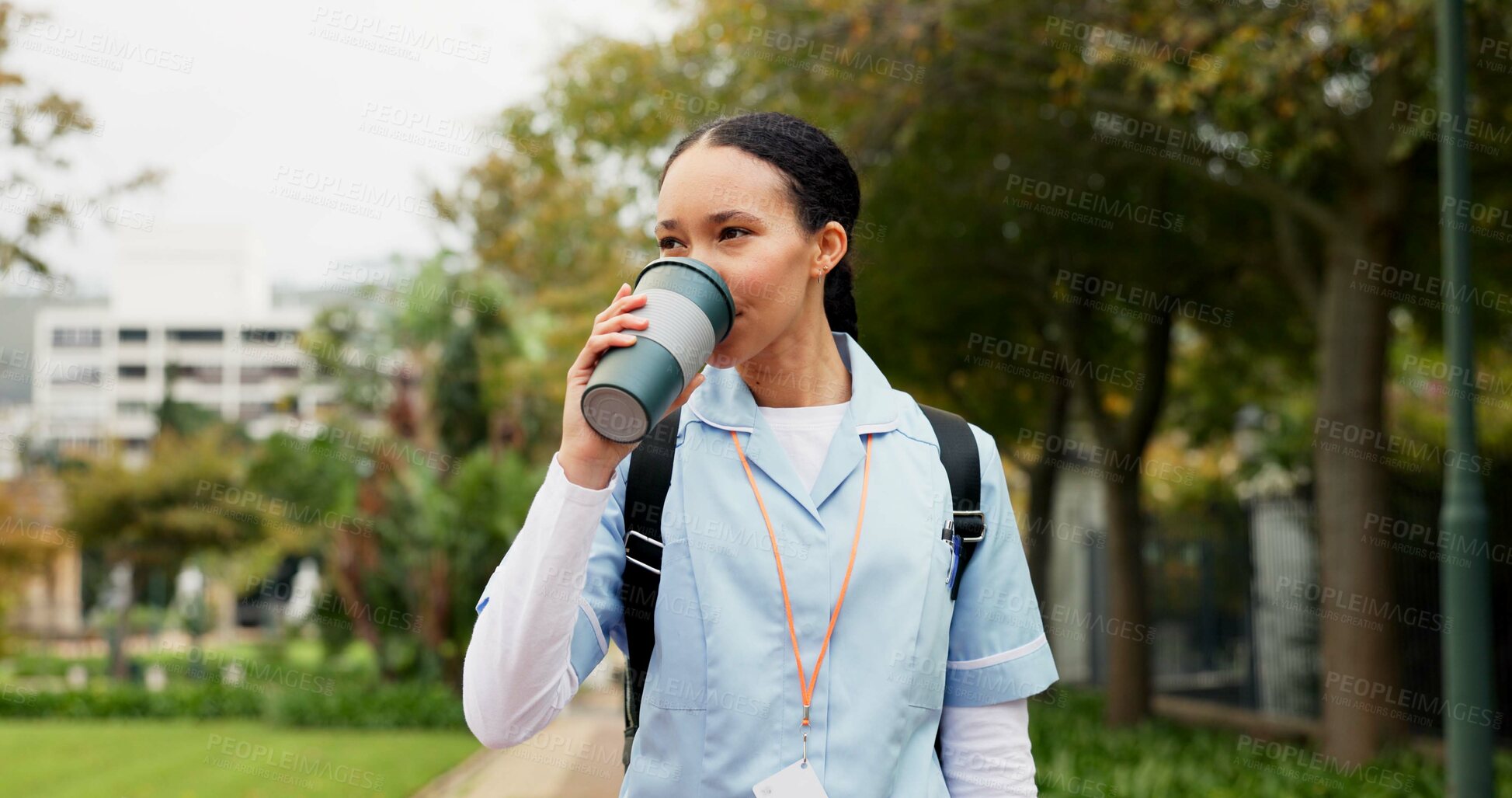 Buy stock photo Medical nurse, woman, coffee and outdoor with thinking, vision or ideas for healthcare career in Toronto. Young doctor, park and nature for walk, drink tea and mindset on path, wellness or clinic job