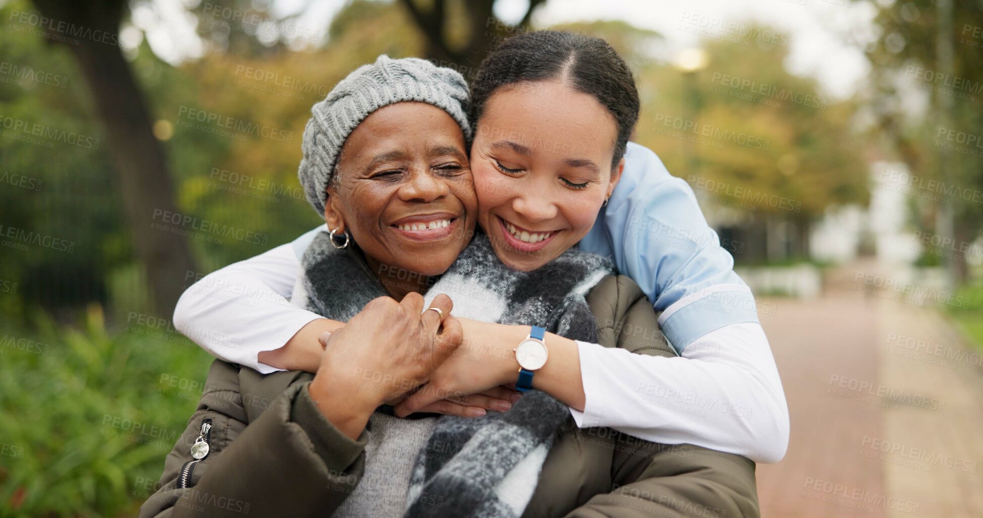 Buy stock photo Caregiver, hug and park with old woman in a wheelchair for retirement, elderly care and physical therapy. Trust, medical and healthcare with portrait of patient and nurse in nature for rehabilitation