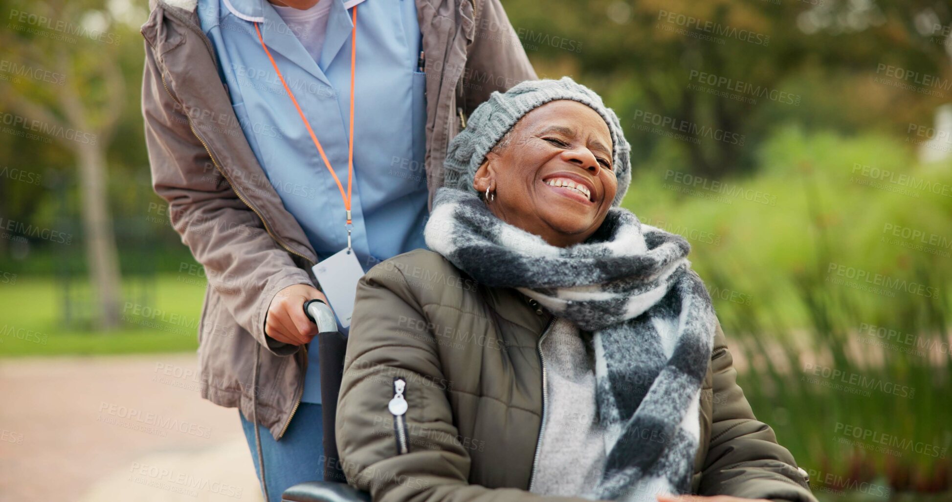 Buy stock photo Nurse, peace and park with old woman in a wheelchair for retirement, elderly care and physical therapy. Trust, medical and healthcare with african patient and caregiver in nature for rehabilitation