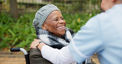 Nurse, smile and park with old woman in a wheelchair for retirement, elderly care and physical therapy. Trust, medical and healthcare with african patient and caregiver in nature for rehabilitation