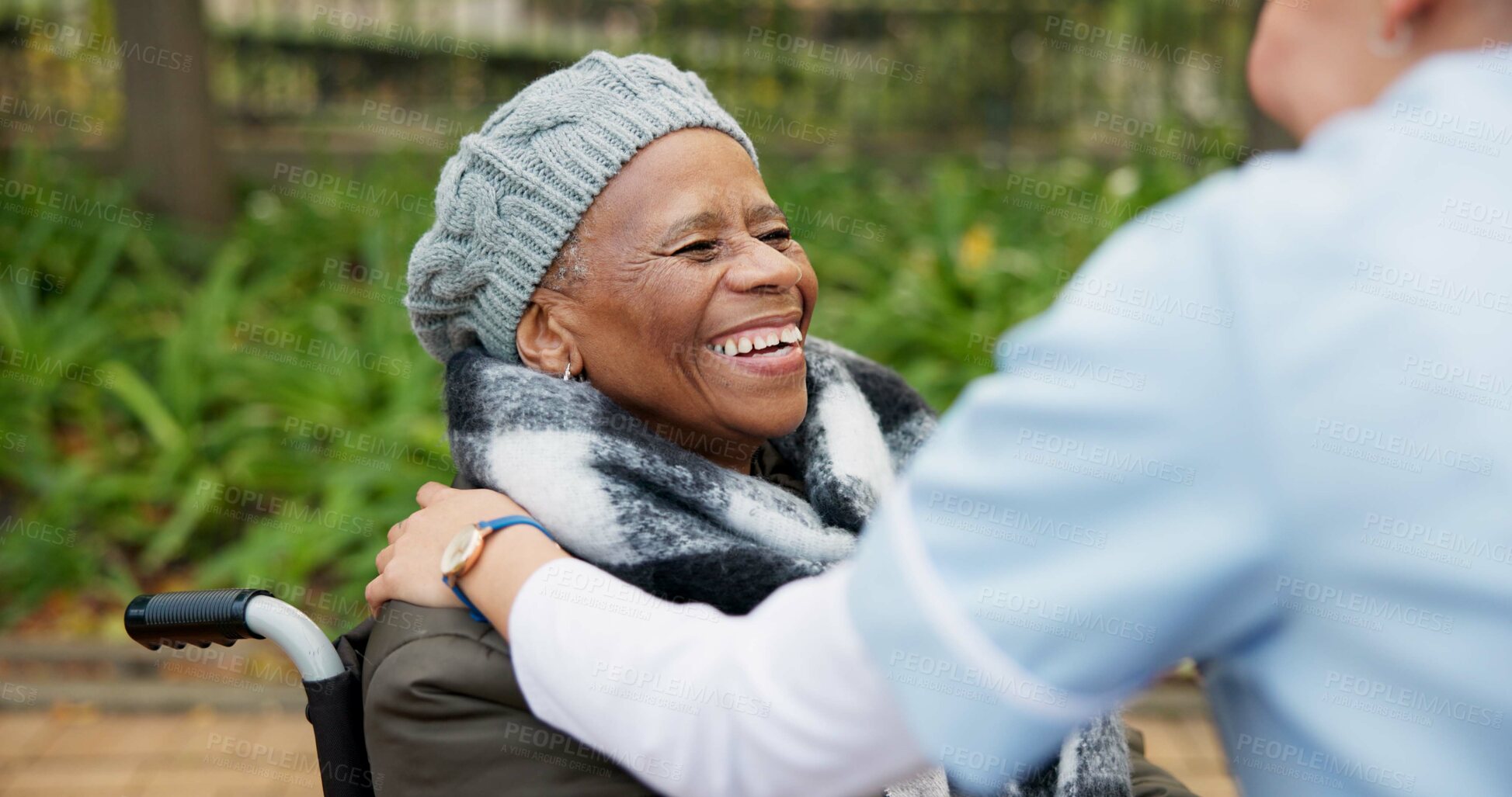 Buy stock photo Nurse, smile and park with old woman in a wheelchair for retirement, elderly care and physical therapy. Trust, medical and healthcare with african patient and caregiver in nature for rehabilitation