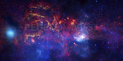 Buy stock photo Cosmos, space and neon stars in universe with light, dust clouds and color glow solar system. Galaxy, infinity and planets in milky way with nebula shine, dark sky and explosion flare in aerospace.
