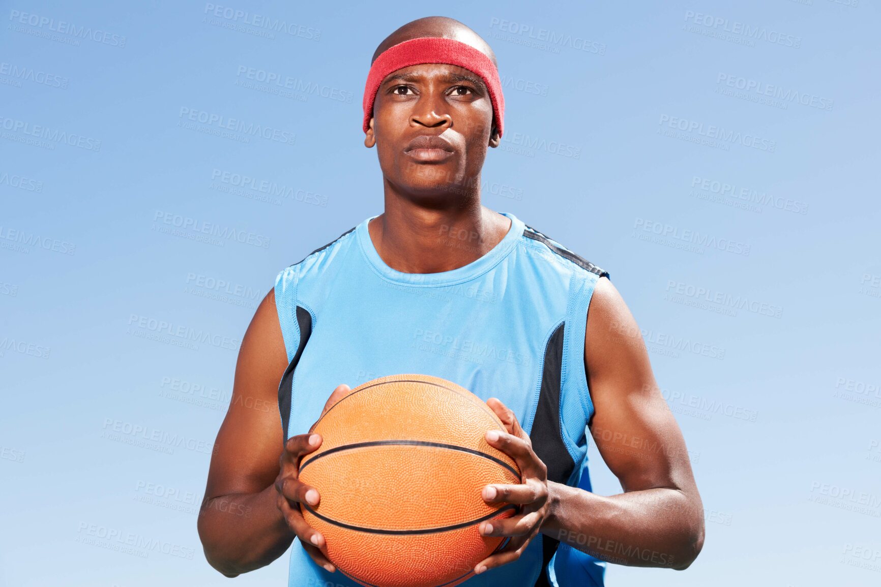 Buy stock photo Confident, basketball player and outdoor portrait for sport, game and competition in summer with sky background. Serious, black man and exercise with ball, goals or fitness from playing and training