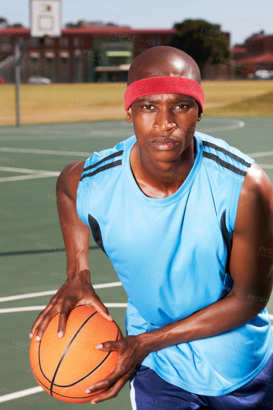 Buy stock photo Basketball, player and portrait on outdoor court for fitness challenge or sports train for game, match as athlete. Black man, face in summer win or goal dunk score or competition, cardio or confident