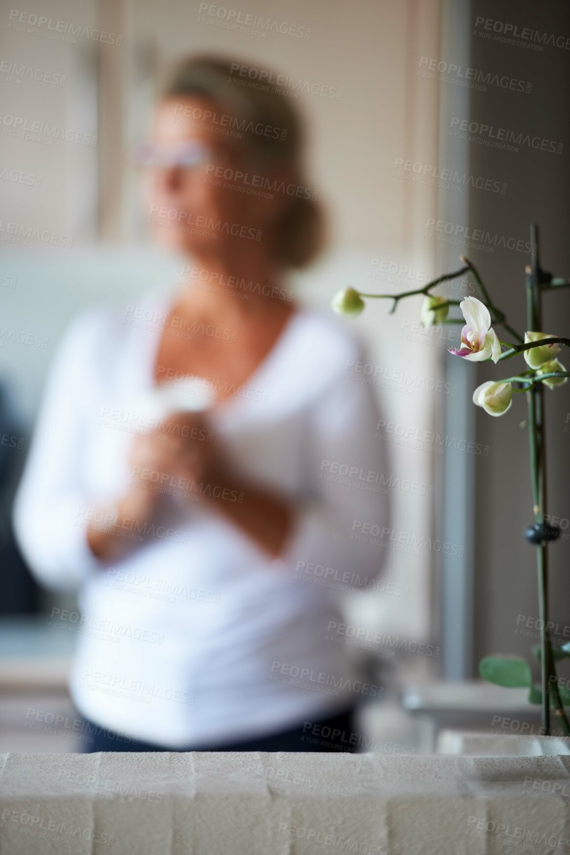 Buy stock photo Senior, woman and young picture for nostalgia memory or old life thinking, time pass or thoughts. Female person, retirement and photo of childhood for remembering daydreaming, aged pensioner in home