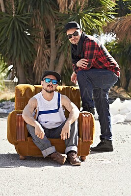 Buy stock photo Couch, hipster and portrait of men in city in hip hop fashion, trendy clothes and casual outfit. Friends, sunglasses and people on sofa in street for urban neighborhood culture, streetwear and gang