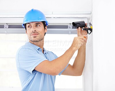 Buy stock photo Business, technician and man with security camera, maintenance and repair cables and wires. Male person, employees and handyman with system, safety and surveillance with digital video and technology