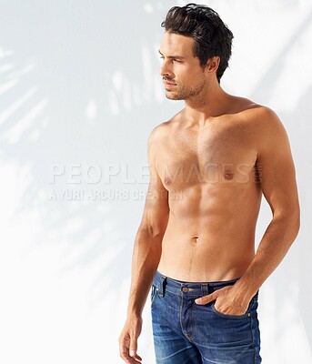 Buy stock photo Thinking, body and man profile by a white wall outdoor in the sun with freedom and ideas. Relax, peace and male person with mockup and summer with vitamin D, leaning and contemplating with outfit