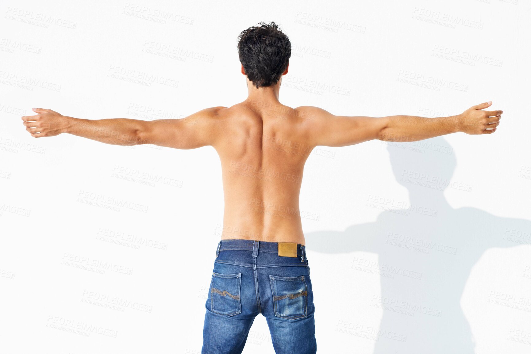 Buy stock photo Back, muscle and shirtless with man, fitness and promotion isolated on a white studio background. Person, guy and model with exercise, jeans and strong with health, mockup space and body with care