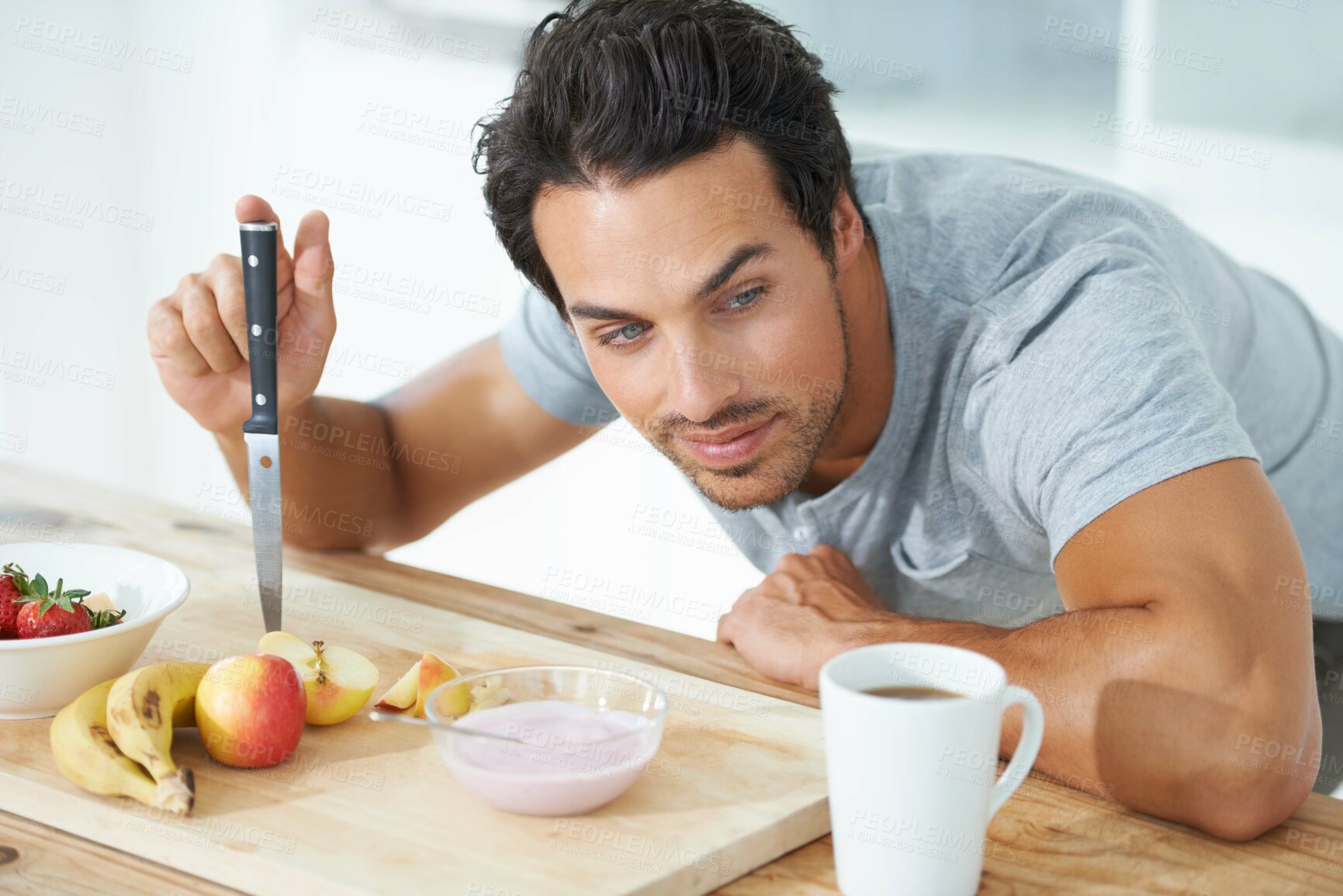 Buy stock photo Man, fruit and thinking for morning breakfast diet or health nutrition, eating vitality or banana for protein. Male person, yogurt and apple detox meal for hungry vegan preparation, fiber or vitamins