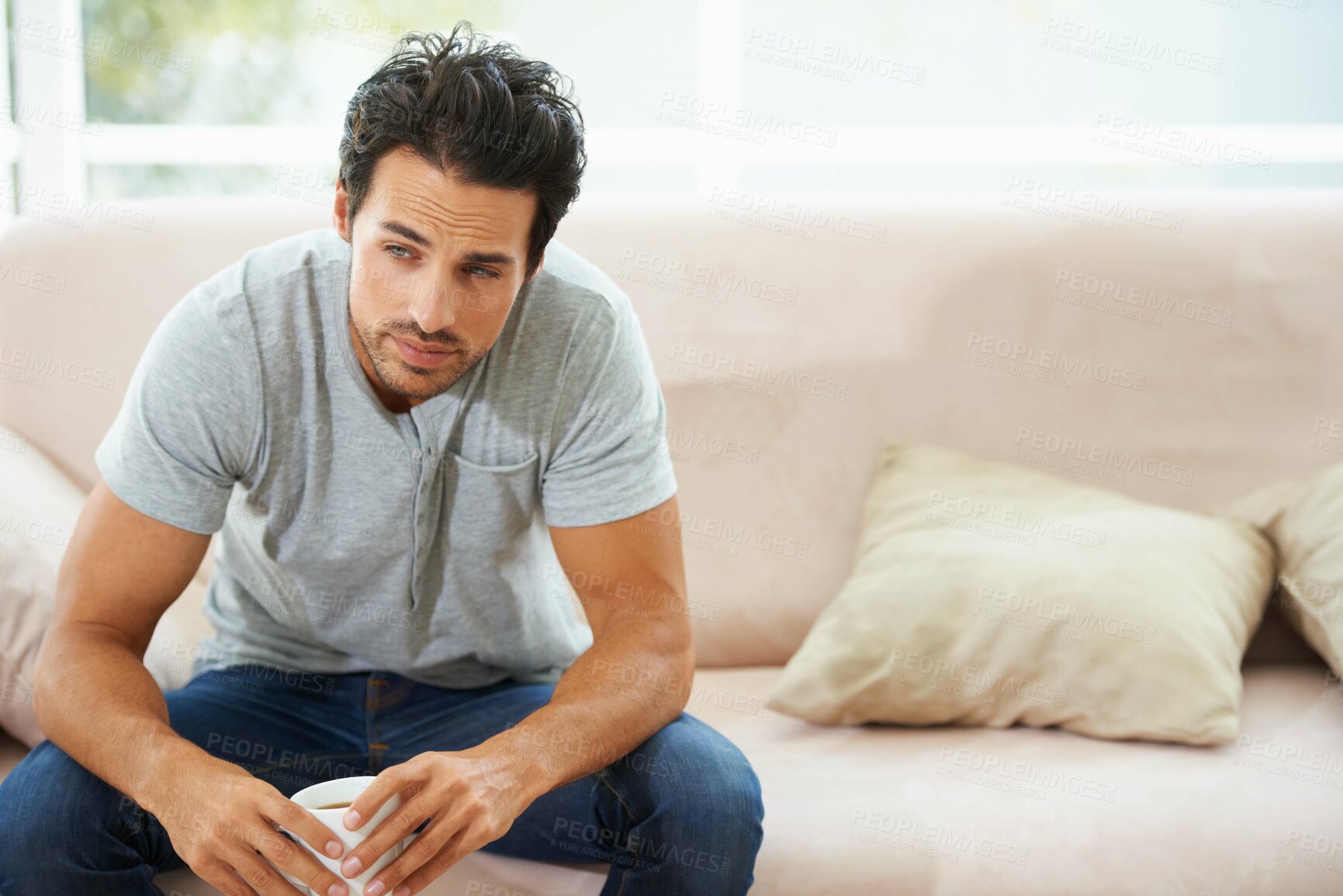 Buy stock photo Depression, thinking and sad man on a sofa with stress, anxiety or broken heart at home. Fail, crisis or male person in living room overthinking, disaster or lonely, worried or disappointed in house