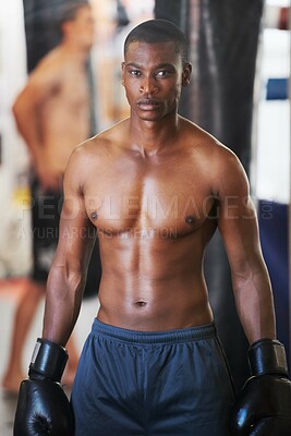 Buy stock photo Boxing, gloves and portrait of serious black man with fitness, power and training for challenge in club. Strong body, muscle workout and boxer in gym, athlete with confidence 
and competition fight.