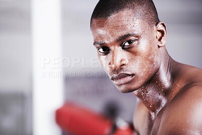 Buy stock photo Man, boxer and portrait in gym, sweat and face for workout, boxing and strong. Exercise, sports and training for power, self defense and concentration for challenge, mma and fighting skills
