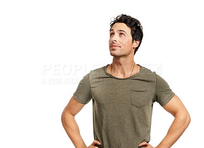 Buy stock photo Thinking, solution and young man in studio with planning, brainstorming or idea facial expression. Guess, question and male person from Canada with decision, option or choice face by white background