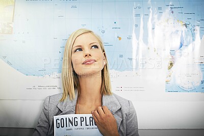 Buy stock photo Travel agency brochure, woman and agent thinking of vacation ideas, tourism plan or planning international trip. Book magazine, business inspiration and person contemplate holiday destination choice
