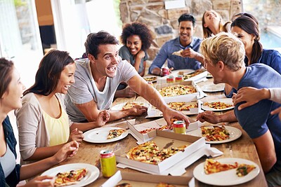 Buy stock photo Lunch, happy friends and pizza party with food, drinks and conversation, social gathering and get together. Young people, group and happiness at fast food pizzeria, restaurant and celebration at home