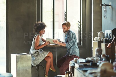 Buy stock photo Coffee shop team, tablet and happy people reading online research, positive customer experience review or feedback. Cafe management, diversity teamwork and partner smile for restaurant sales revenue