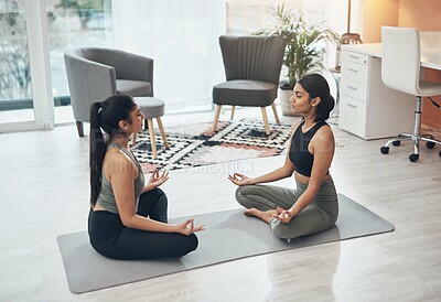 Buy stock photo Friends, meditate and women exercise together in a house for health, mindfulness or wellness. Indian people in a home for meditation workout, lotus pose and fitness with a partner for zen and peace