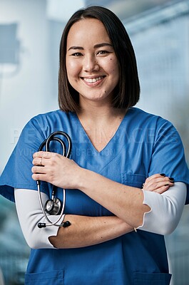 Buy stock photo Portrait of a medical practitioner standing in a hospital