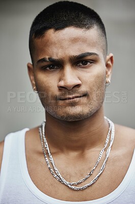 Buy stock photo Man, portrait and outdoor with chain, city and confidence in road, necklace and attitude on face. Street fashion, jewellery and person in New York, gangster and thug in clothes, outfit and style
