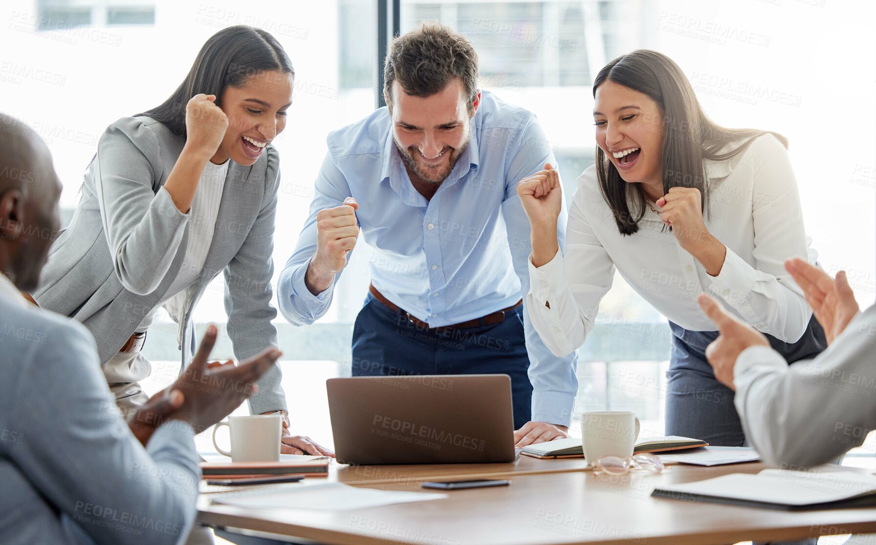 Buy stock photo Success, businesspeople with celebration and in office of their workplace with a lens flare. Achievement or good news, happiness and colleagues happy celebrating or cheering at their workstation