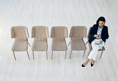 Buy stock photo Business woman, checking watch and waiting room sitting on chairs above on mockup space at office. Top view of female person or employee for job interview in schedule meeting, time or appointment