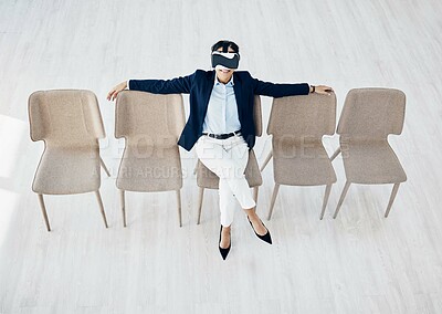 Buy stock photo VR, glasses and chair with business woman in waiting room, Human Resources software and high tech interview. Relax, virtual reality and person for user experience, recruitment in digital world above