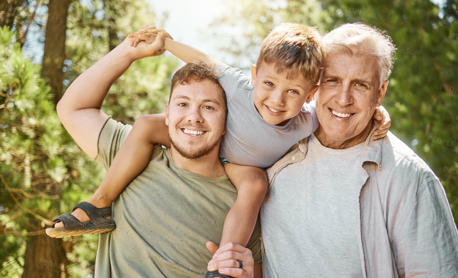 Buy stock photo Portrait, children hiking with a father, grandpa and boy in the forest together for male bonding. Love, kids and a family of hikers in the woods or wilderness for fun and adventure during summer