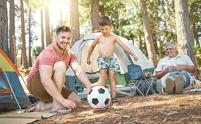 Buy stock photo Family, camping and child playing with soccer ball outdoor in nature for fun or travel for summer holiday. Happy grandpa, father or man and kid camper at tent camp site, forest or woods for adventure