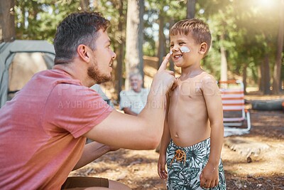 Buy stock photo Father, child and sunscreen outdoor in nature with a smile, fun and family travel or summer camp. Happy man and kid camper camping at campsite, forest or woods with skin care protection on adventure