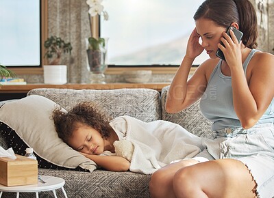 Buy stock photo Stressed mother on a call about sick child on a sofa, worried about her daughters health. Little girl with flu resting, sleeping and waiting for a home visit or checkup by a healthcare professional