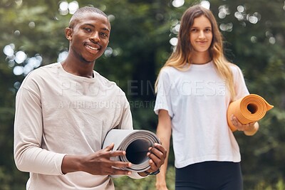 Buy stock photo Happy, nature and yoga of a couple together on a journey for healthy mind, spirit and body in the outdoors. Portrait of an interracial man and woman in fitness ready for a natural stretching workout.