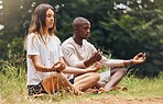 Forest yoga, nature meditation and couple in zen, relax or health mind training for energy wellness or peace. Interracial man or woman on floor in sustainability wood trees for mental health exercise