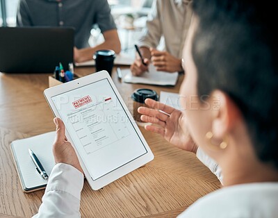 Buy stock photo Hands of business woman with tablet, debt or late payment in a meeting. Bank loan, tax invoice or negotiating price reduction on goods, customer or client purchase on tech in corporate office.