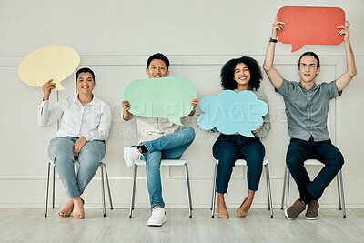 Buy stock photo Diversity business people with speech bubble sign, banner or poster waiting for interview. Social media, chat or voice team of candidates together in line for job vacancy in the office with opinion