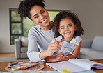 Portrait, mother and girl painting, learning and happy while drawing on a kindergarten creative project together. Education development with woman and child with paint, paper and book with watercolor