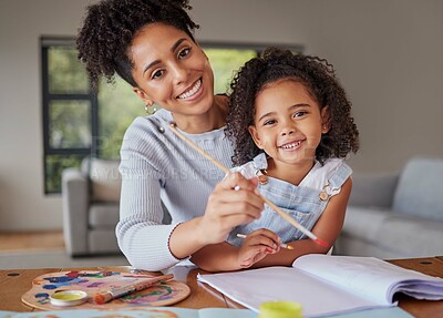 Buy stock photo Portrait, mother and girl painting, learning and happy while drawing on a kindergarten creative project together. Education development with woman and child with paint, paper and book with watercolor