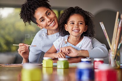 Buy stock photo Painting, girl and mother bonding in creative art activity in home or house for school, learning and education project. Portrait, smile and happy Brazilian mom helping family child in fun color class