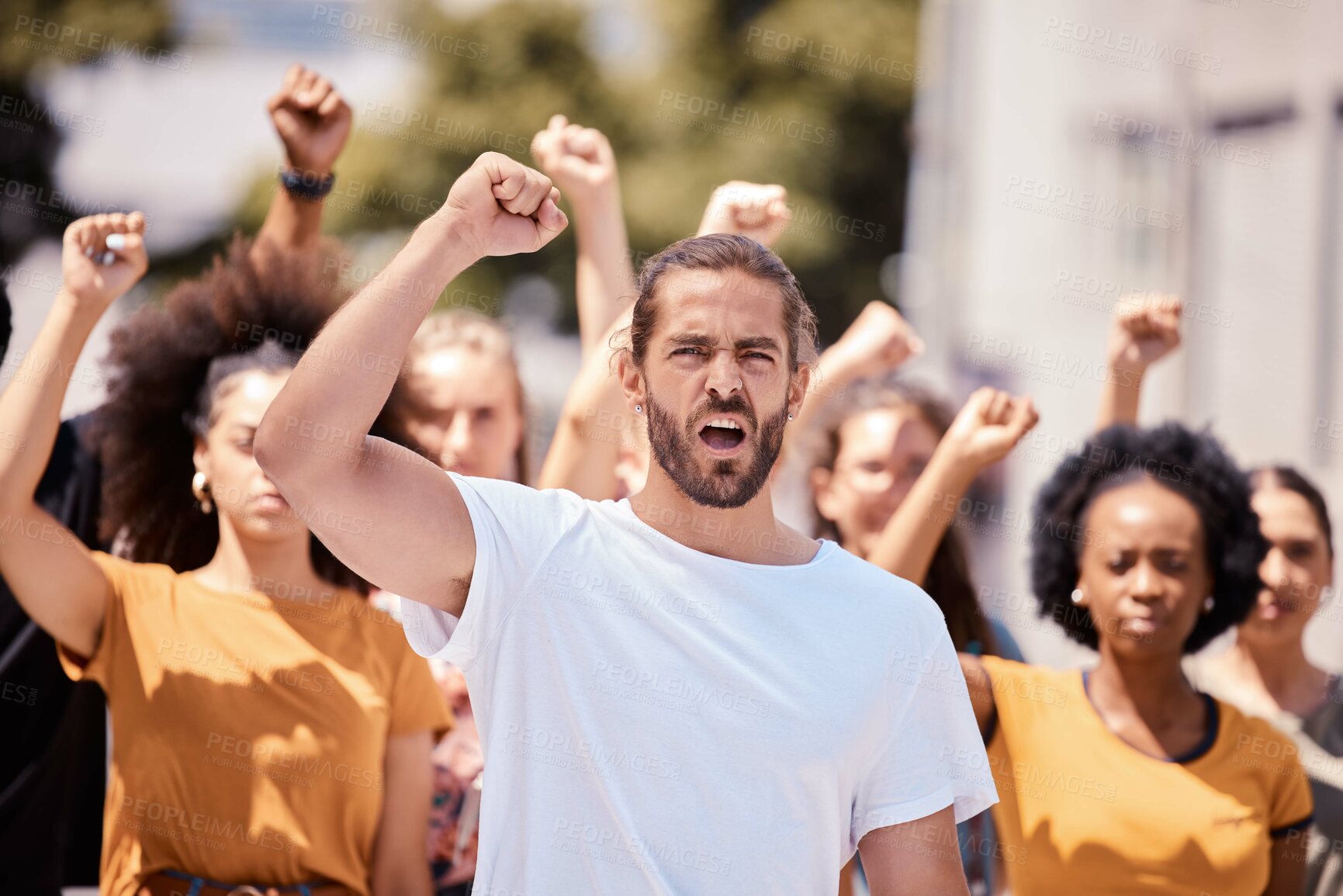 Buy stock photo Angry protest leader, global peace march and support human rights, peace from war and gender equality.  Leadership, community supporting Iran and youth movement for political freedom or social change