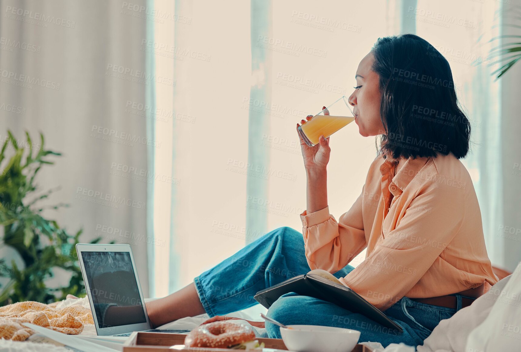 Buy stock photo Relax, laptop and woman streaming a movie for brunch in a hotel or house bedroom enjoying a holiday vacation. Relaxed, peaceful and calm girl drinking orange juice and watching film on subscription