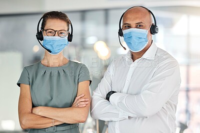 Buy stock photo Covid, call center team and office collaboration together in office workplace. Proud telemarketing employees, crm consultants and corporate help desk consulting managers with mask for health safety