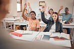 Classroom, education question or students hands for exam learning questions, university help or college people study for assessment. Hand sign, school or teenager group for teaching or scholarship