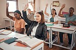 Classroom, students and hands for question, knowledge or education with diversity group, youth and learning development. Hand sign, scholarship information and teenager in school desk for course exam