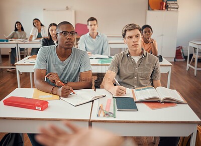 Buy stock photo High school, students and boys listening in classroom of education, learning or knowledge. Highschool, studying and attention to teacher, academic lecture and teaching group for young people together