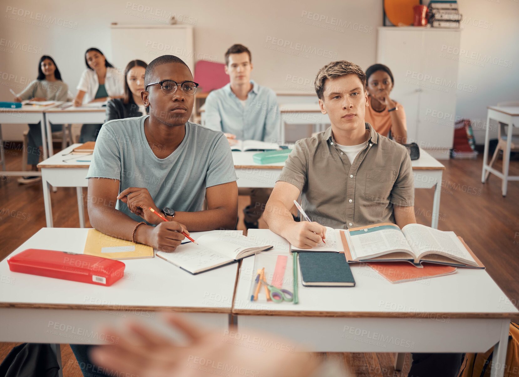 Buy stock photo High school, students and boys listening in classroom of education, learning or knowledge. Highschool, studying and attention to teacher, academic lecture and teaching group for young people together