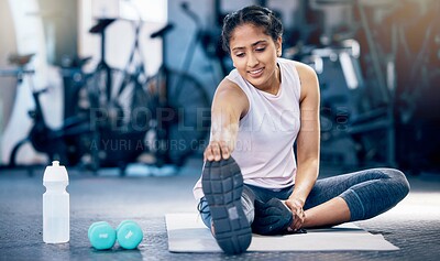 Buy stock photo Stretching, fitness and water bottle with woman in gym for weightlifting, exercise and sports training. Challenge, wellness and workout with girl athlete and warm up for start, strong and cardio