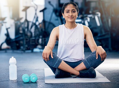 Buy stock photo Woman, crossed legs or stretching on gym mat in healthcare wellness, muscle pain relief or fitness flexibility. Portrait, happy sports athlete or personal trainer in pilates, workout or training club