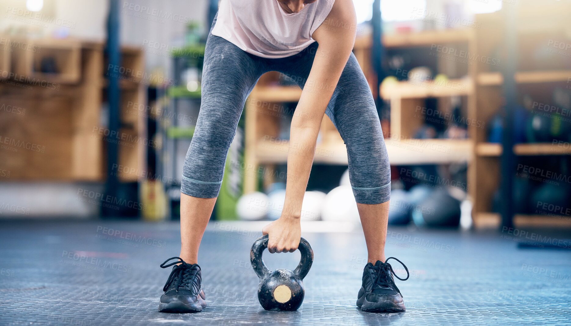 Buy stock photo Fitness, gym and kettlebell training by woman hands weightlifting for health, wellness and power goals, Exercise, weights and hand of girl in sports center for challenge and strength workout