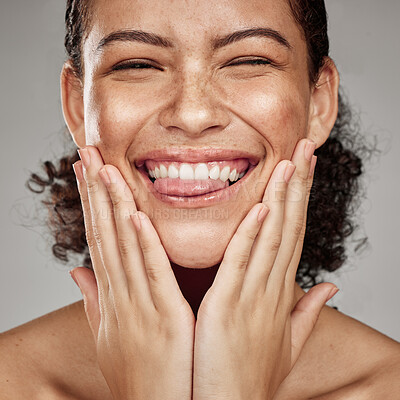 Buy stock photo Beauty, face and portrait of a black woman model smile from facial and spa treatment. Studio background, isolated and wellness skincare of a person with happy skin glow from dermatology detox 